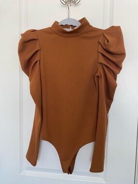 Camel Puff Sleeve Bodysuit Mock Neck Structured Top Long Sleeve Stretch Fitted